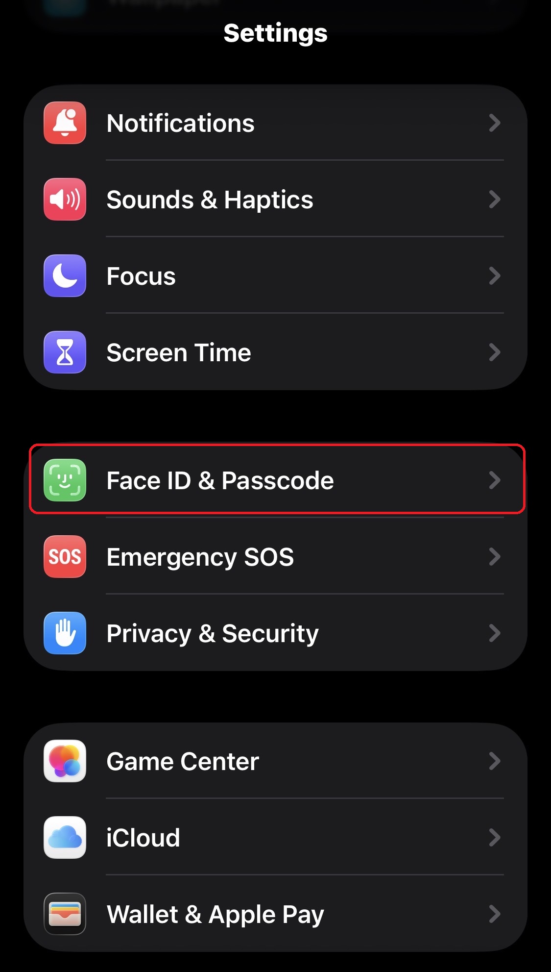 Select Face ID and Passcode