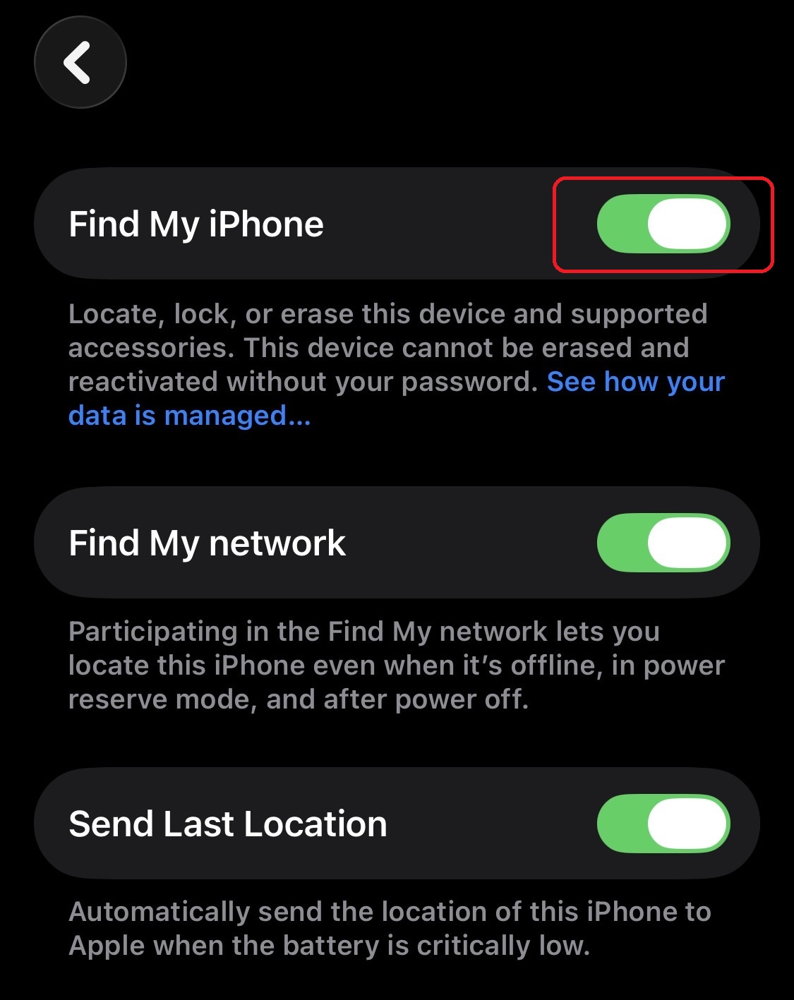 Toggle Find My iPhone OFF