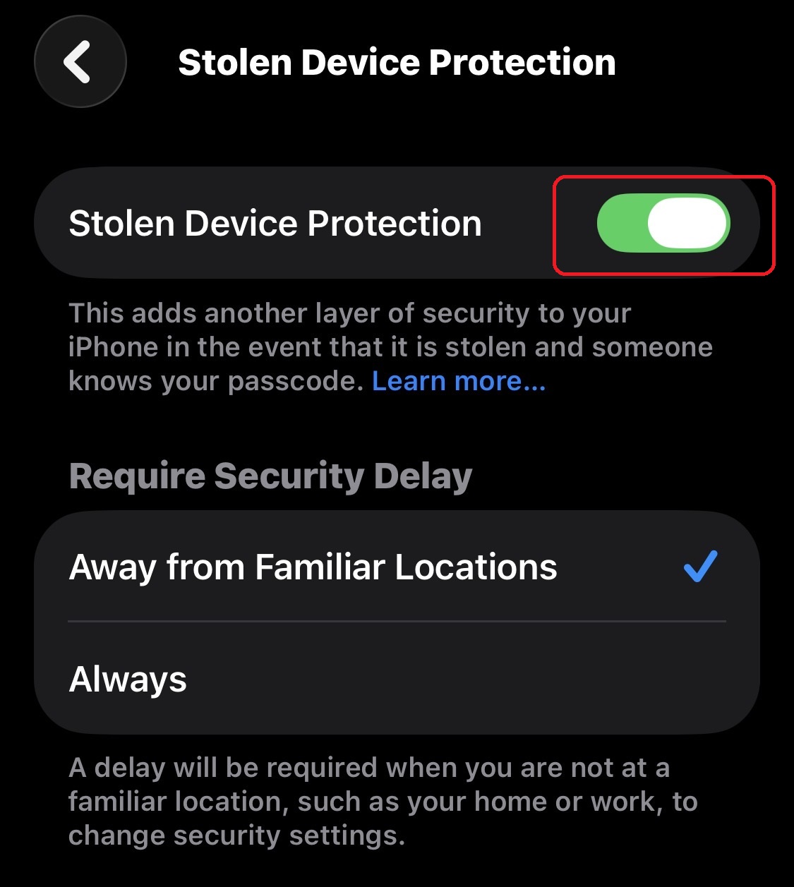 Toggle Stolen Device Protection OFF